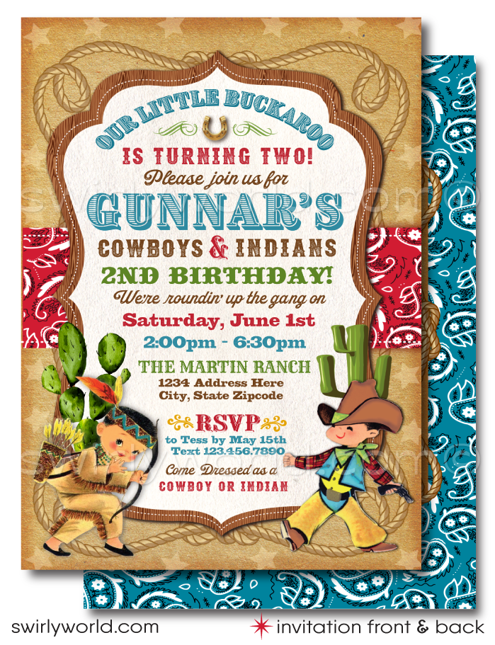 Y'all are in for a treat with our Vintage 1950s Western Cowboy Theme Birthday Invitation & Thank You Card set! 🤠🎉 Perfect for a "Cowboys and Indians" hoedown. Featuring classic 50s designs, golden horseshoes, and lasso ropes. Includes invitations, thank you cards, and envelopes. Kick off a wild western adventure!