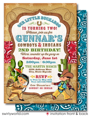 Y'all are in for a treat with our Vintage 1950s Western Cowboy Theme Birthday Invitation & Thank You Card set! 🤠🎉 Perfect for a "Cowboys and Indians" hoedown. Featuring classic 50s designs, golden horseshoes, and lasso ropes. Includes invitations, thank you cards, and envelopes. Kick off a wild western adventure!