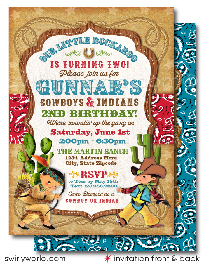 Y'all are in for a treat with our Vintage 1950s Western Cowboy Theme Birthday Invitation and Thank You Card set. These rootin'-tootin' collection is the perfect way to kick off a "Cowboys and Indians" themed hoedown that'll be the talk of the town.