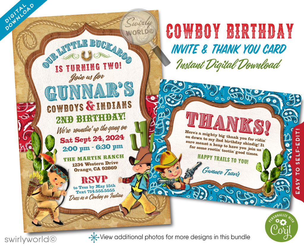 Vintage 1950s Cowboys and Indians Country Western Buckaroo Birthday Invitations for Boys