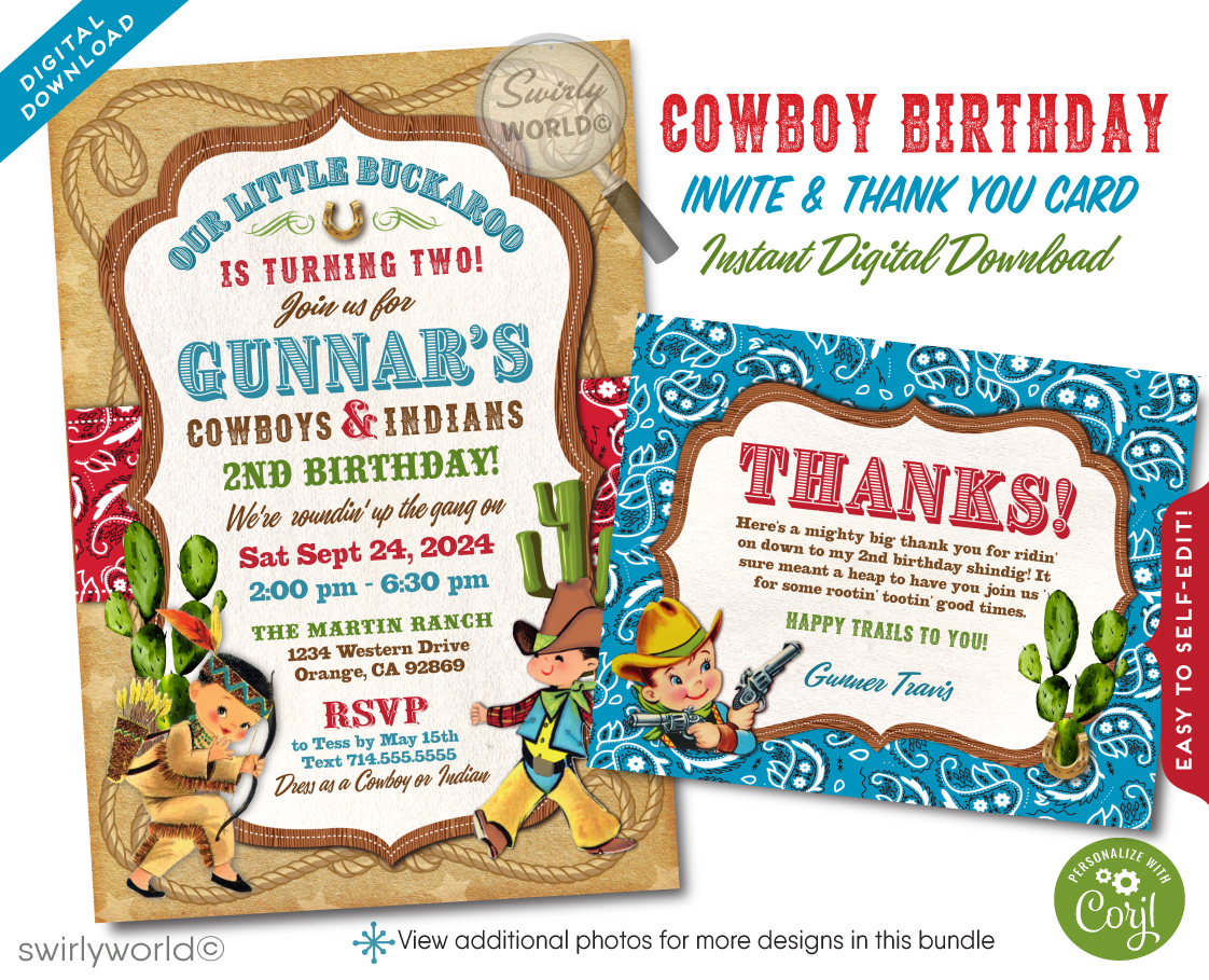 Vintage 1950s Cowboys and Indians Country Western Buckaroo Birthday Invitations for Boys