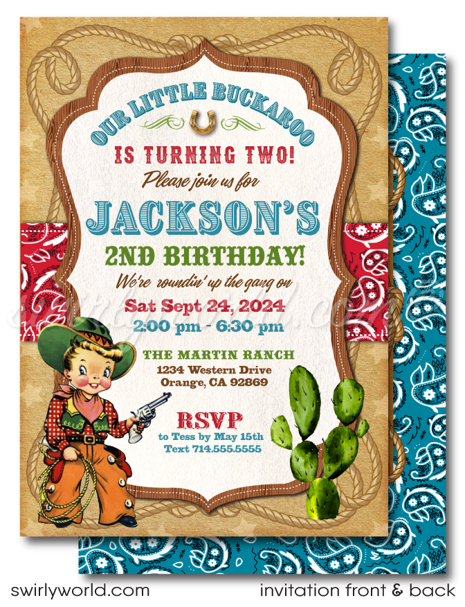 Saddle up for a 1950s-style Western birthday bash with our Cowboy Birthday Invitation Set! 🤠🎉 Perfect for a rip-roarin' country hoedown, this digital download includes vintage cowboy graphics, golden horseshoe, and lasso. Easy to customize on Corjl. Get ready for a Wild West celebration! 