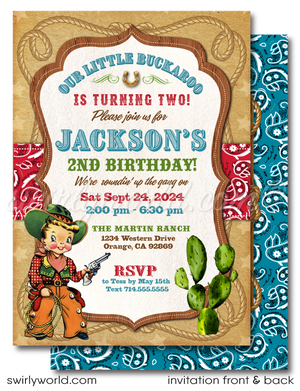 Saddle up for a 1950s-style Western birthday bash with our Cowboy Birthday Invitation Set! 🤠🎉 Perfect for a rip-roarin' country hoedown, this digital download includes vintage cowboy graphics, golden horseshoe, and lasso. Easy to customize on Corjl. Get ready for a Wild West celebration! 