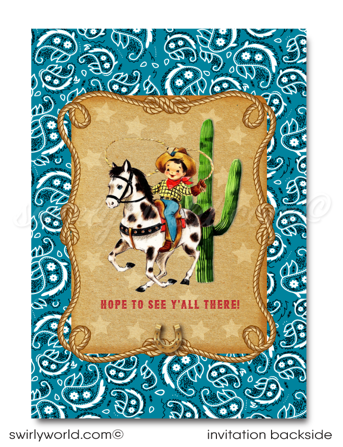 Saddle up for a 1950s-style Western birthday bash with our Cowboy Birthday Invitation Set! 🤠🎉 Perfect for a rip-roarin' country hoedown, this digital download includes vintage cowboy graphics, golden horseshoe, and lasso. Easy to customize on Corjl. Get ready for a Wild West celebration! 
