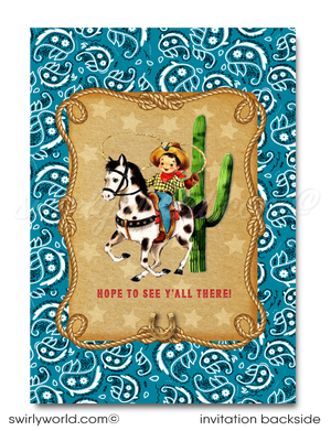 Saddle up for a 1950s-style Western birthday bash with our Cowboy Birthday Invitation Set! 🤠🎉 Perfect for a rip-roarin' country hoedown, this digital download includes vintage cowboy graphics, golden horseshoe, and lasso. Easy to customize on Corjl. Get ready for a Wild West celebration! 
