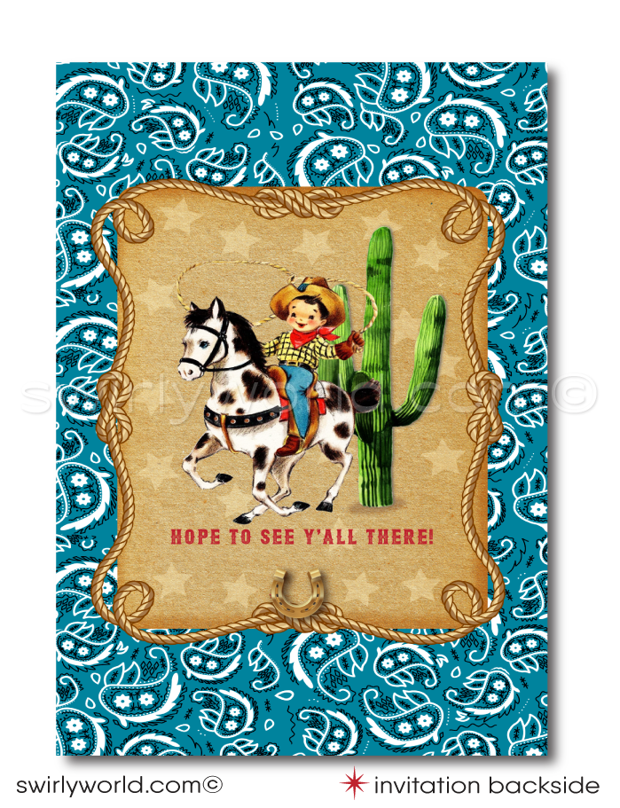 Y'all are in for a treat with our Vintage 1950s Western Cowboy Theme Birthday Invitation & Thank You Card set! 🤠🎉 Perfect for a "Cowboys and Indians" hoedown. Featuring classic 50s designs, golden horseshoes, and lasso ropes. Includes invitations, thank you cards, and envelopes. Kick off a wild western adventure!