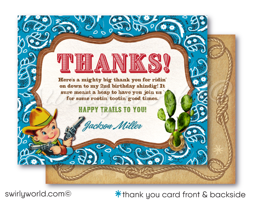 Saddle up for a 1950s-style Western birthday bash with our Cowboy Birthday Invitation Set! 🤠🎉 Perfect for a rip-roarin' country hoedown, this printed set includes invitations, thank you cards, and envelopes with vintage cowboy graphics, golden horseshoe, and lasso. Premium matte card stock for a touch of sophistication!
