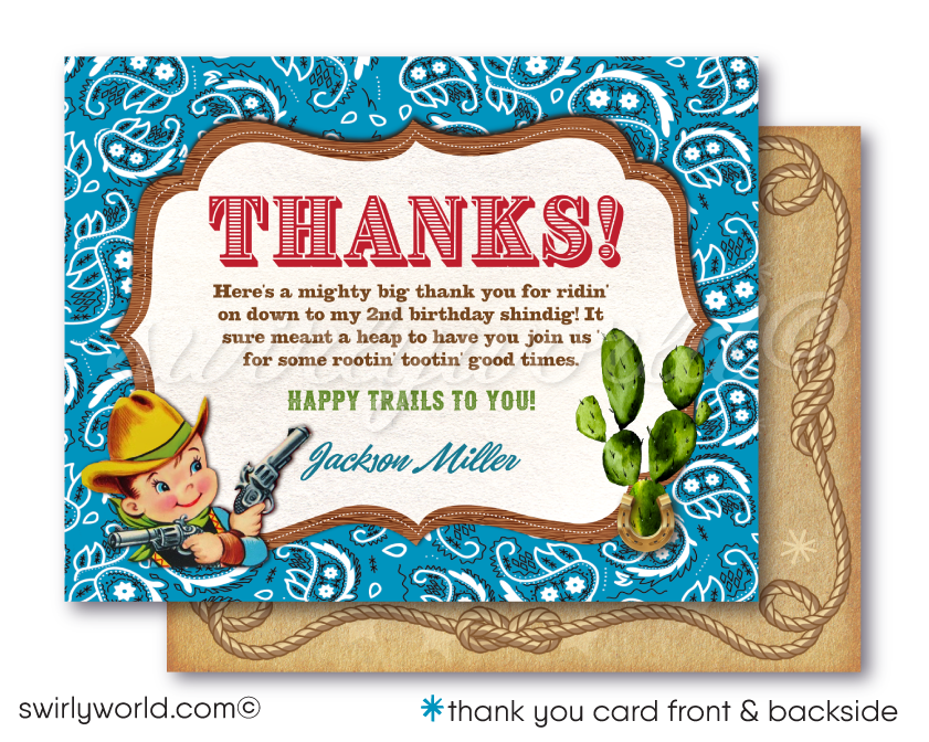 Vintage 1950s Style Retro Western Kitschy Cowboy Printed Birthday thank you cards