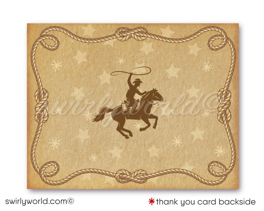 Saddle up for a 1950s-style Western birthday bash with our Cowboy Birthday Invitation Set! 🤠🎉 Perfect for a rip-roarin' country hoedown, this printed set includes invitations, thank you cards, and envelopes with vintage cowboy graphics, golden horseshoe, and lasso. Premium matte card stock for a touch of sophistication!