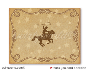 Saddle up for a 1950s-style Western birthday bash with our Cowboy Birthday Invitation Set! 🤠🎉 Perfect for a rip-roarin' country hoedown, this printed set includes invitations, thank you cards, and envelopes with vintage cowboy graphics, golden horseshoe, and lasso. Premium matte card stock for a touch of sophistication!