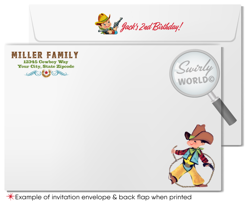 Saddle up for a 1950s-style Western birthday bash with our Cowboy Birthday Invitation Set! 🤠🎉 Perfect for a rip-roarin' country hoedown, this printed set includes invitations, thank you cards, and envelopes with vintage cowboy graphics, golden horseshoe, and lasso. Premium matte card stock for a touch of sophistication!