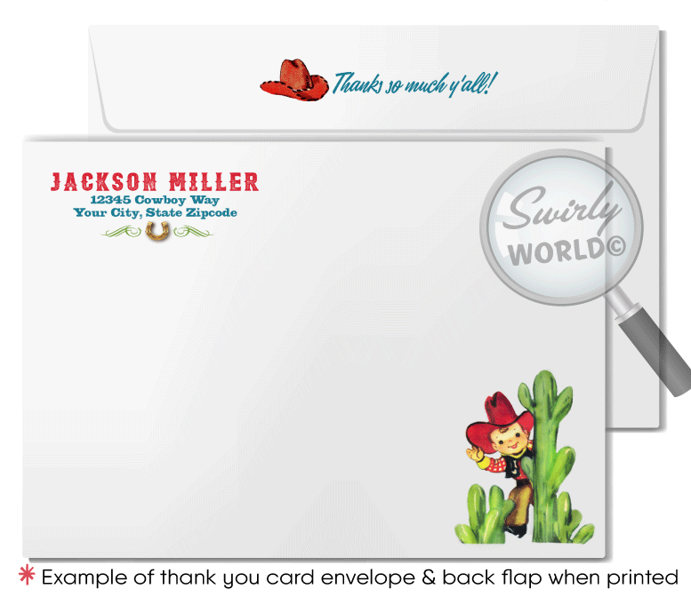 Saddle up for a 1950s-style Western birthday bash with our Cowboy Birthday Invitation Set! 🤠🎉 Perfect for a rip-roarin' country hoedown, this printed set includes invitations, thank you cards, and envelopes with vintage cowboy graphics, golden horseshoe, and lasso. Premium matte card stock for a touch of sophistication!