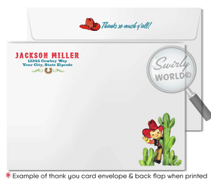 Saddle up for a 1950s-style Western birthday bash with our Cowboy Birthday Invitation Set! 🤠🎉 Perfect for a rip-roarin' country hoedown, this printed set includes invitations, thank you cards, and envelopes with vintage cowboy graphics, golden horseshoe, and lasso. Premium matte card stock for a touch of sophistication!
