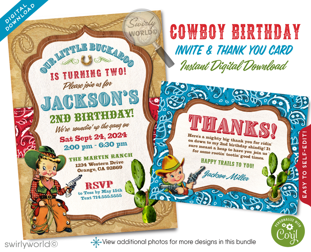Vintage 1950s Retro Cowboy Western Country Birthday Party Invitation Digital Download