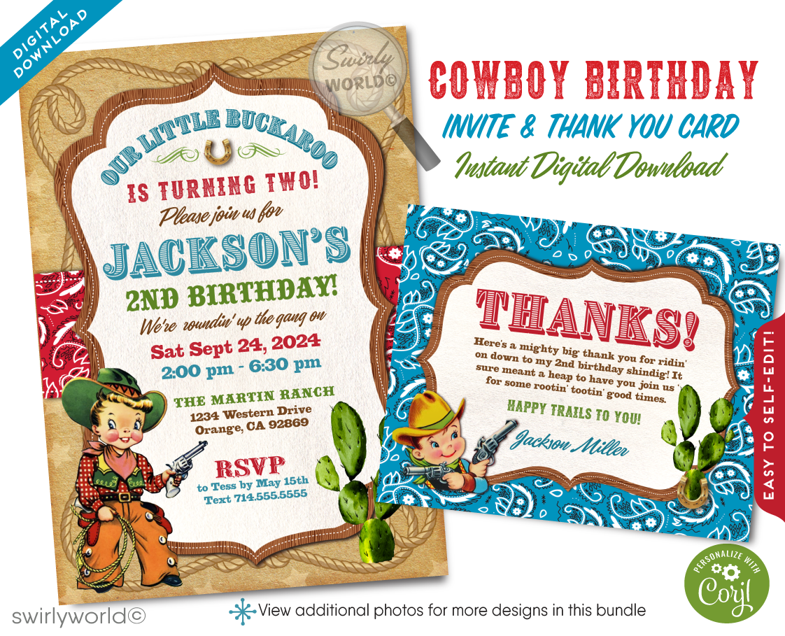 Saddle up for a 1950s-style Western birthday bash with our Cowboy Birthday Invitation Set! 🤠🎉 Perfect for a rip-roarin' country hoedown, this digital download includes vintage cowboy graphics, golden horseshoe, and lasso. Easy to customize on Corjl. Get ready for a Wild West celebration! 