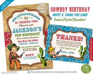 Saddle up for a 1950s-style Western birthday bash with our Cowboy Birthday Invitation Set! 🤠🎉 Perfect for a rip-roarin' country hoedown, this digital download includes vintage cowboy graphics, golden horseshoe, and lasso. Easy to customize on Corjl. Get ready for a Wild West celebration! 