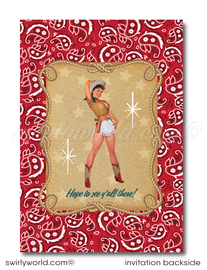 Retro Rockabilly 1950's Western Pinup Cowgirl 50th Birthday Party Invitation Digital Download