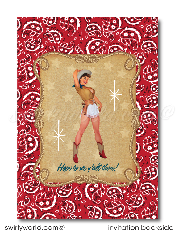 Retro Rockabilly 1950's Western Pinup Cowgirl 50th Birthday Party Invitation Digital Download