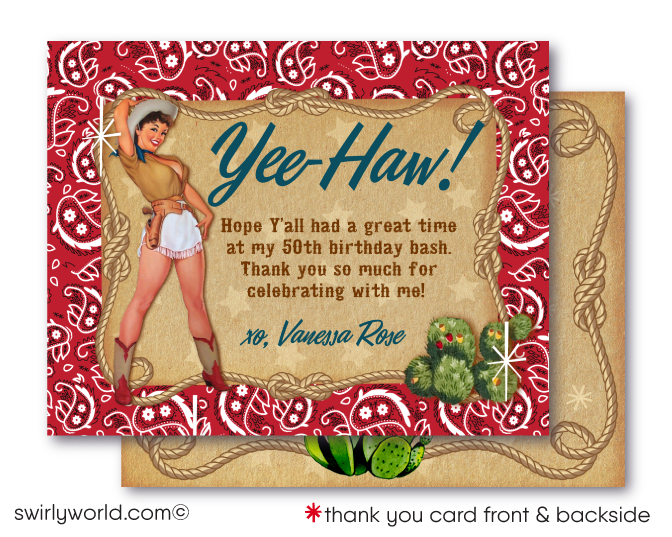 Retro Rockabilly 1950's Western Pinup Cowgirl 50th Birthday Party Invitation Digital Download