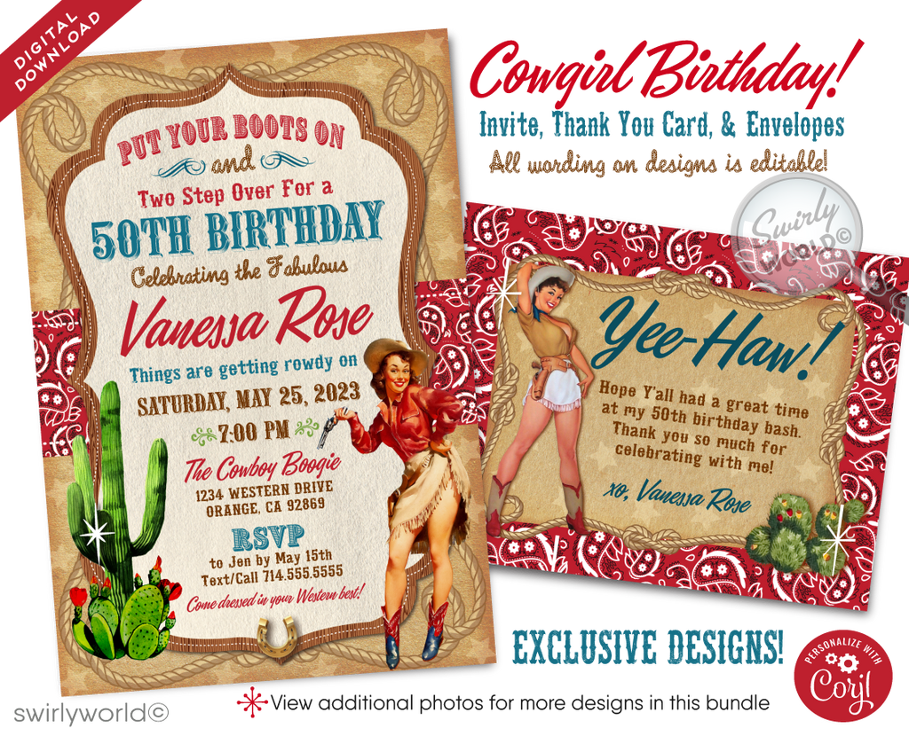 Kick up your heels and channel the spirit of the Wild West with our Vintage Rockabilly Cowgirl themed 50th Birthday Invitation digital download bundle. This invitation set is a nod to the classic 1950s, featuring a sexy pin-up cowgirl emblematic of the era's rockabilly vibe, making it an ideal choice for a memorable 50th birthday celebration. 