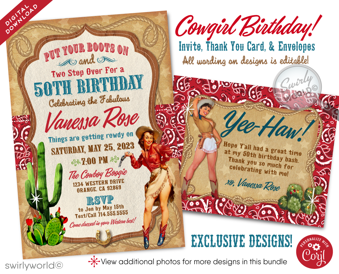 Kick up your heels and channel the spirit of the Wild West with our Vintage Rockabilly Cowgirl themed 50th Birthday Invitation digital download bundle. This invitation set is a nod to the classic 1950s, featuring a sexy pin-up cowgirl emblematic of the era's rockabilly vibe, making it an ideal choice for a memorable 50th birthday celebration. 