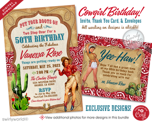 Kick up your heels and channel the spirit of the Wild West with our Vintage Rockabilly Cowgirl themed 50th Birthday Invitation digital download bundle. This invitation set is a nod to the classic 1950s, featuring a sexy pin-up cowgirl emblematic of the era's rockabilly vibe, making it an ideal choice for a memorable 50th birthday celebration. 