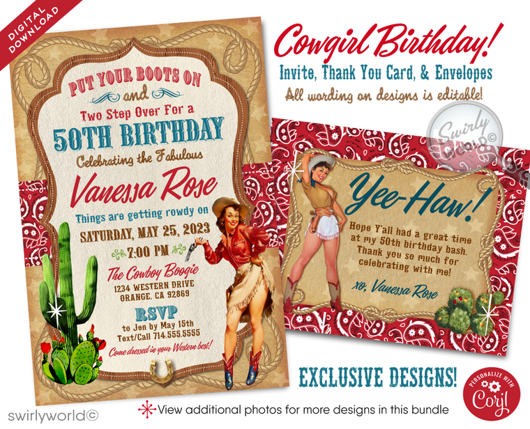 Retro Rockabilly 1950's Western Pinup Cowgirl 50th Birthday Party Invitation Digital Download