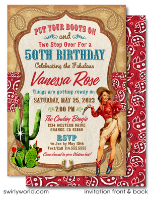 Retro Rockabilly 1950's Western Pinup Cowgirl 50th Birthday Party Invitation Digital Download
