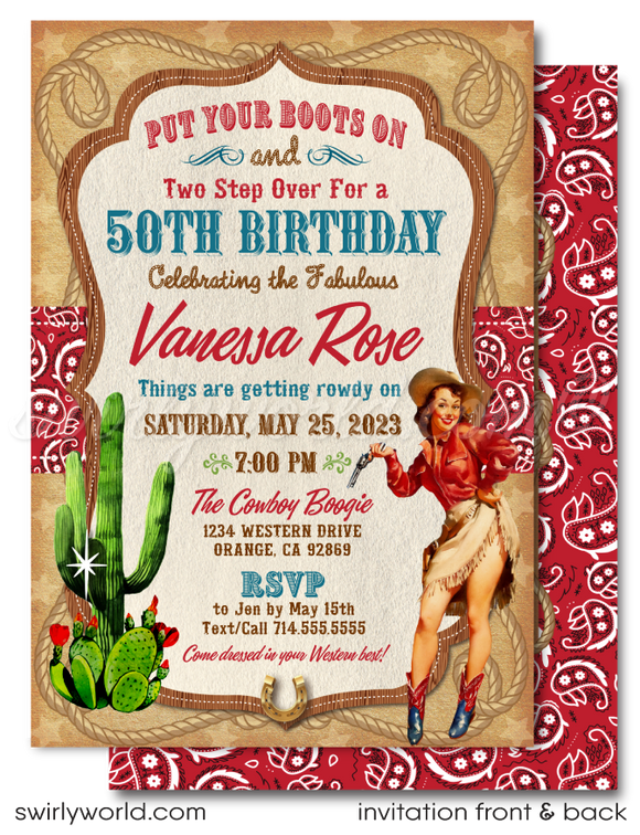 Retro Rockabilly 1950's Western Pinup Cowgirl 50th Birthday Party Invitation Digital Download
