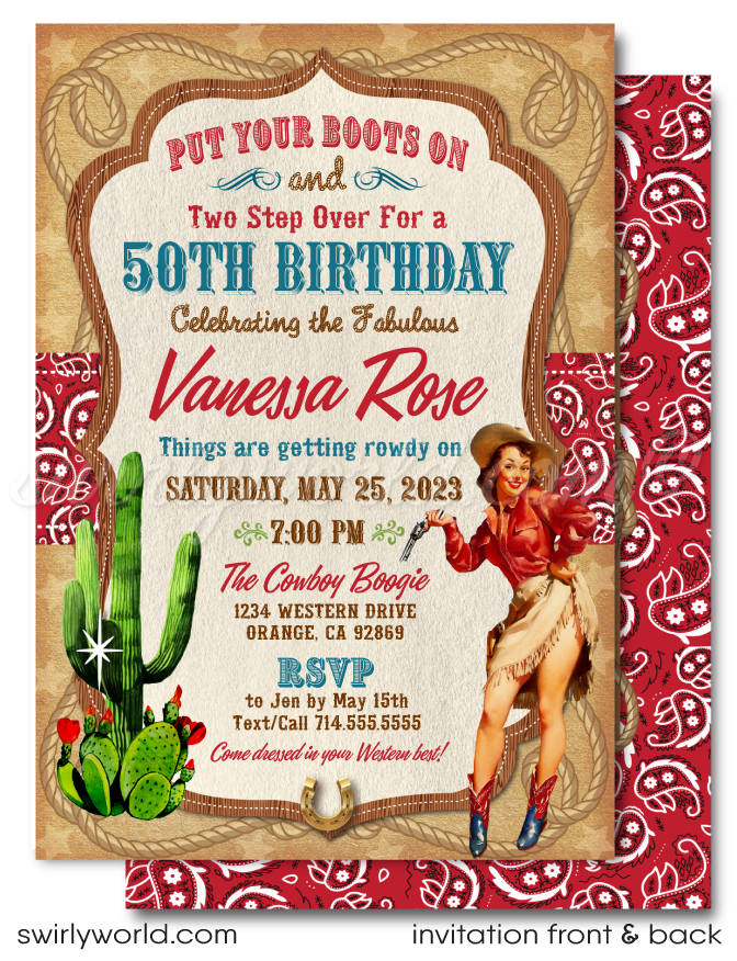 Retro Rockabilly 1950's Western Pinup Cowgirl 50th Birthday Party Invitation Digital Download