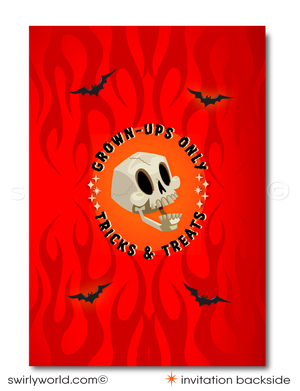 Set the perfect tone for your Halloween party with Swirly World's vintage-style "Boo's and Booze" invitation. Featuring a devilish hand holding a blood-red martini and a retro pinup girl, this elegant, spooky invite is fully customizable for your Halloween event. Download, personalize, and impress your guests!