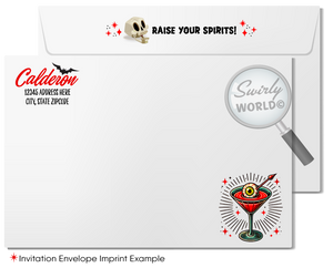 Impress your guests with Swirly World's printed "Boo's and Booze" Halloween invitations featuring a devilish hand holding a blood-red martini and a retro pinup girl. Complete with matching envelopes, these spooky yet elegant invites set the tone for an unforgettable Halloween party.

