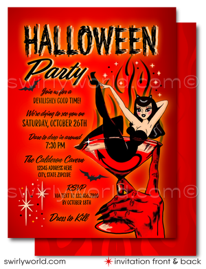 Impress your guests with Swirly World's printed "Boo's and Booze" Halloween invitations featuring a devilish hand holding a blood-red martini and a retro pinup girl. Complete with matching envelopes, these spooky yet elegant invites set the tone for an unforgettable Halloween party.

