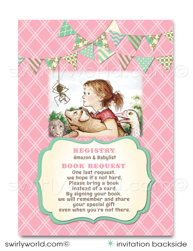 Vintage Charlotte's Web Barnyard Printed Baby Shower Invitations for a Baby Girl