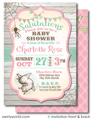 Vintage Charlotte's Web Barnyard Printed Baby Shower Invitations with Wilber the Piglet for a Baby Girl