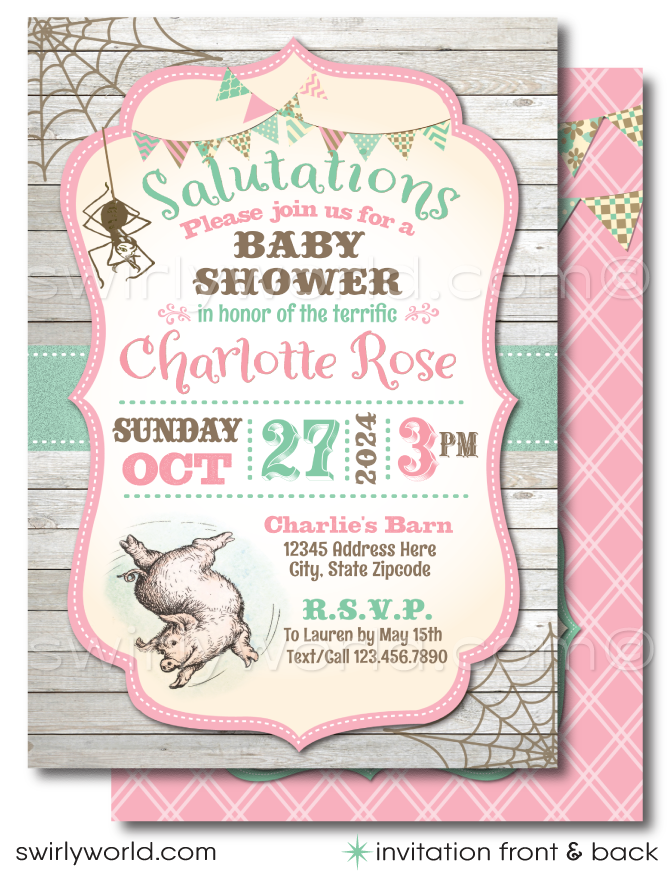 Vintage Charlotte's Web Barnyard Printed Baby Shower Invitations with Wilber the Piglet for a Baby Girl