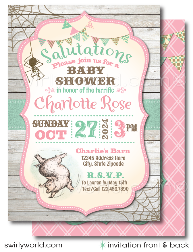 Embrace the charm of a timeless classic with our Charlotte's Web Baby Shower Digital Downloadable Set, designed to celebrate the upcoming arrival of your little one with a barnyard theme. This collection captures the spirit of the beloved characters from E.B. White's iconic tale, including Wilbur the Pig, Fern, Templeton, and Charlotte the Spider, offering a unique and nostalgic touch to your baby shower.