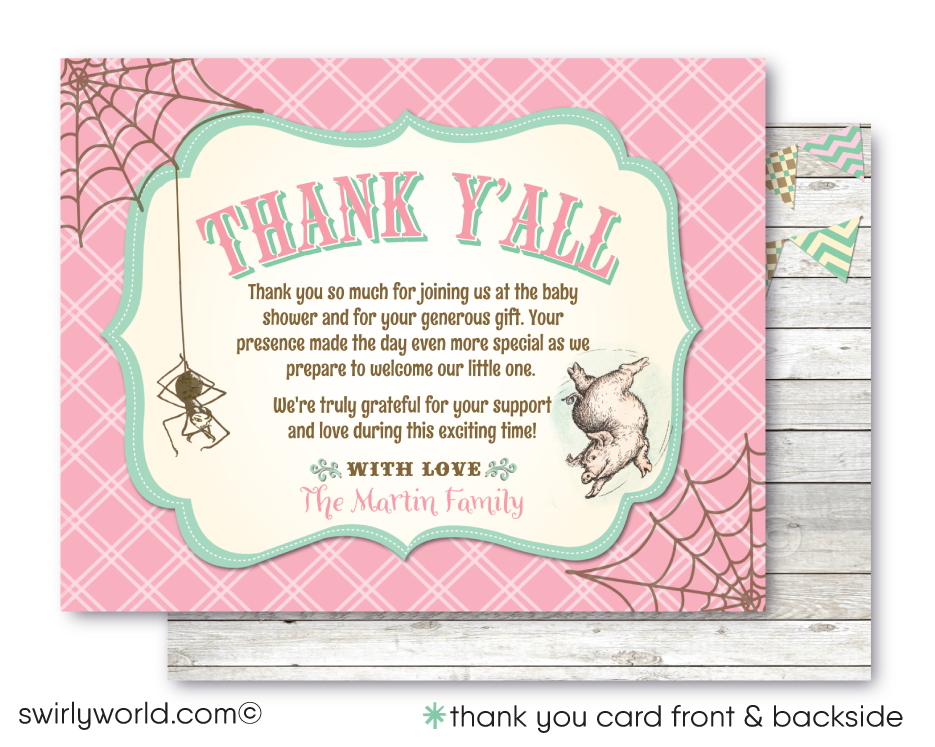 Vintage Charlotte's Web Barnyard Printed Baby Shower Invitations for a Baby Girl