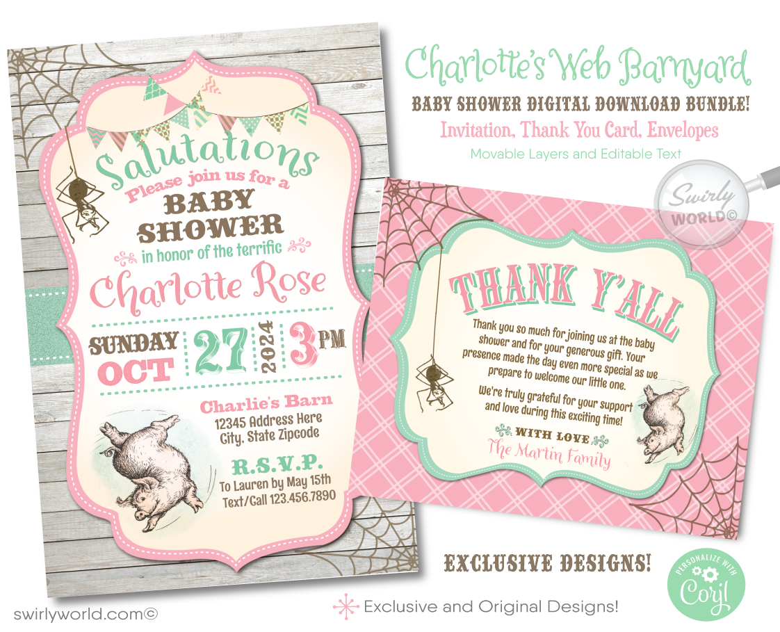Embrace the charm of a timeless classic with our Charlotte's Web Baby Shower Digital Downloadable Set, designed to celebrate the upcoming arrival of your little one with a barnyard theme. This collection captures the spirit of the beloved characters from E.B. White's iconic tale, including Wilbur the Pig, Fern, Templeton, and Charlotte the Spider, offering a unique and nostalgic touch to your baby shower.