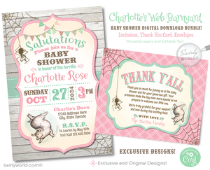 Embrace the charm of a timeless classic with our Charlotte's Web Baby Shower Digital Downloadable Set, designed to celebrate the upcoming arrival of your little one with a barnyard theme. This collection captures the spirit of the beloved characters from E.B. White's iconic tale, including Wilbur the Pig, Fern, Templeton, and Charlotte the Spider, offering a unique and nostalgic touch to your baby shower.