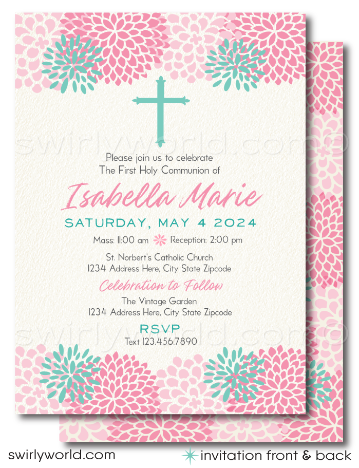 Download our Vintage Floral First Holy Communion Invitation - a stunning digital template with watercolor floral accents and elegant calligraphy. Perfect for any sacred occasion, it's fully editable and ready for immediate DIY printing to personalize your child's special day.