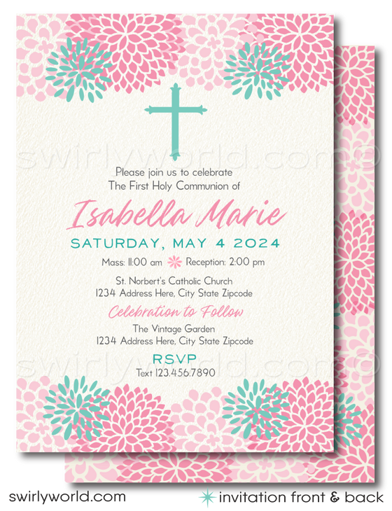 Download our Vintage Floral First Holy Communion Invitation - a stunning digital template with watercolor floral accents and elegant calligraphy. Perfect for any sacred occasion, it's fully editable and ready for immediate DIY printing to personalize your child's special day.
