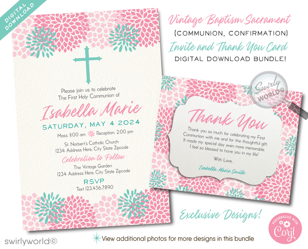 Download our Vintage Floral First Holy Communion Invitation - a stunning digital template with watercolor floral accents and elegant calligraphy. Perfect for any sacred occasion, it's fully editable and ready for immediate DIY printing to personalize your child's special day.