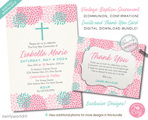 Download our Vintage Floral First Holy Communion Invitation - a stunning digital template with watercolor floral accents and elegant calligraphy. Perfect for any sacred occasion, it's fully editable and ready for immediate DIY printing to personalize your child's special day.