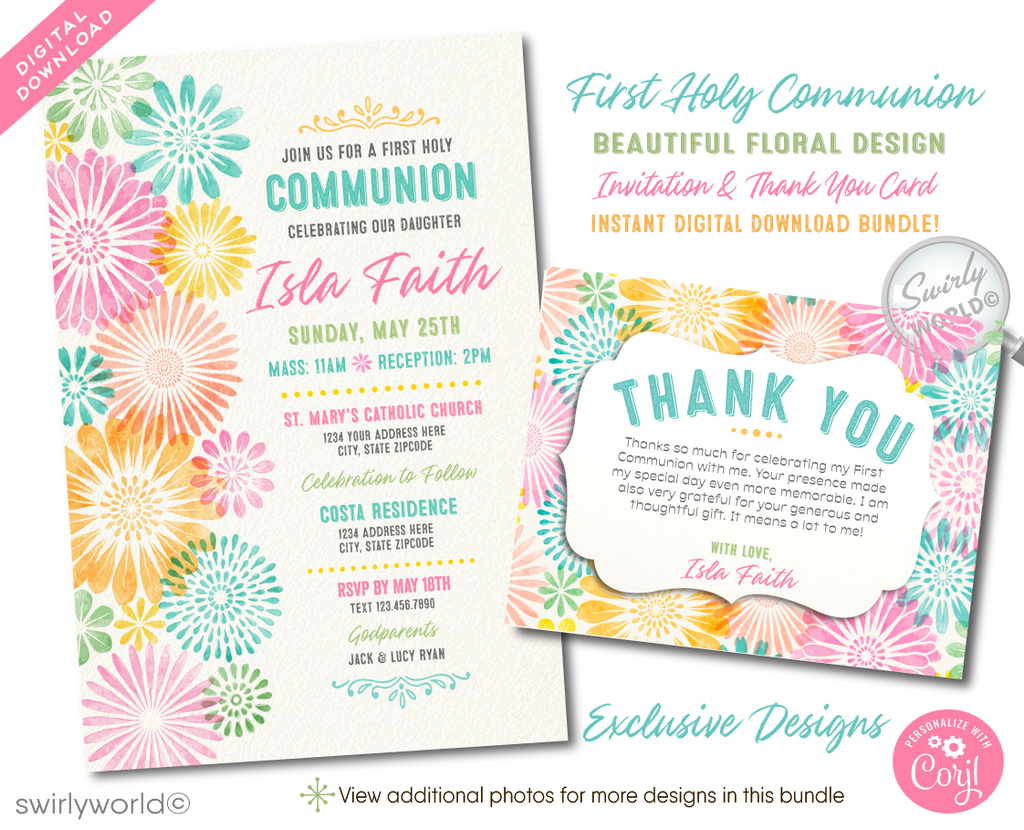  Discover our digital downloadable First Holy Communion invitation and thank you card set, perfect for your special celebration. This vintage Spring-themed design features elegant watercolor flowers and whimsical typography, ready for personalization. Ideal for any sacred occasion, easily customize the wording for Baptisms or Confirmations. Download, edit, and print right from the comfort of your home for a seamless and stylish way to invite your guests.