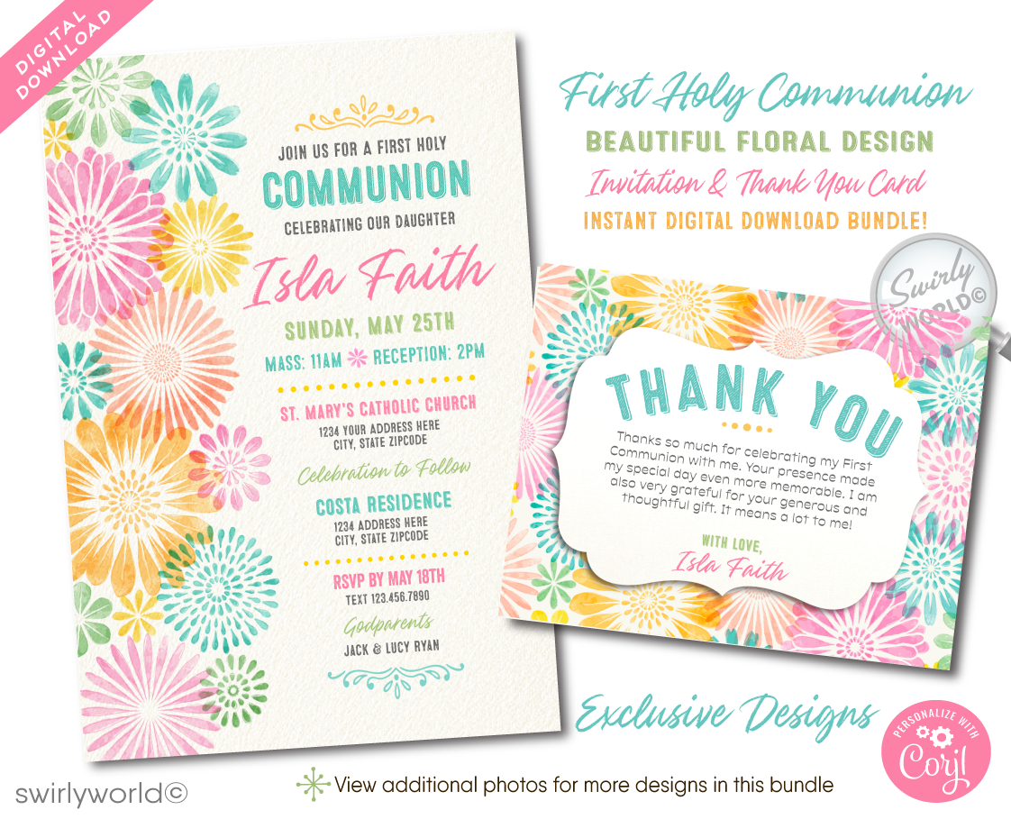  Discover our digital downloadable First Holy Communion invitation and thank you card set, perfect for your special celebration. This vintage Spring-themed design features elegant watercolor flowers and whimsical typography, ready for personalization. Ideal for any sacred occasion, easily customize the wording for Baptisms or Confirmations. Download, edit, and print right from the comfort of your home for a seamless and stylish way to invite your guests.