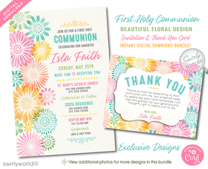  Discover our digital downloadable First Holy Communion invitation and thank you card set, perfect for your special celebration. This vintage Spring-themed design features elegant watercolor flowers and whimsical typography, ready for personalization. Ideal for any sacred occasion, easily customize the wording for Baptisms or Confirmations. Download, edit, and print right from the comfort of your home for a seamless and stylish way to invite your guests.