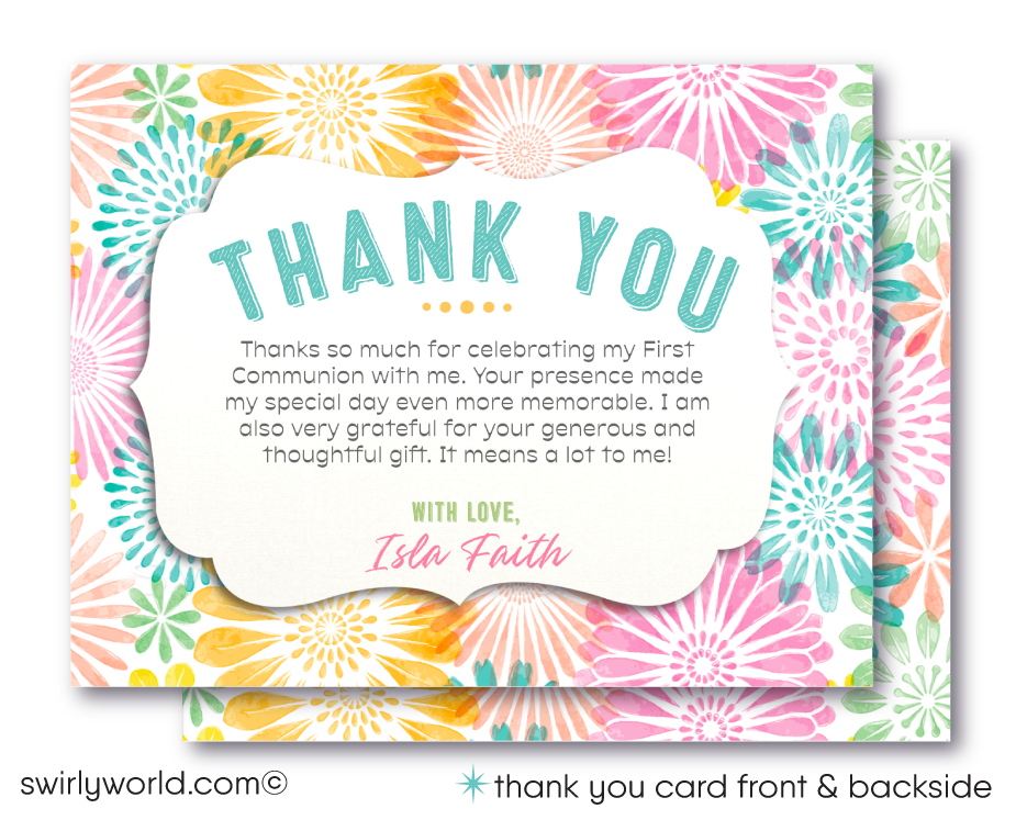 Introducing our exquisite First Holy Communion Invitation and Thank You Card Set, beautifully crafted to set the tone for your upcoming celebration. This set features a charming vintage spring theme, adorned with stunning pastel colored watercolor flowers that bring a burst of beauty and elegance.
