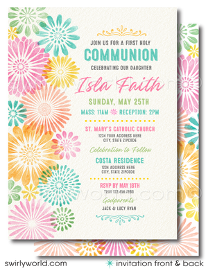 Introducing our exquisite First Holy Communion Invitation and Thank You Card Set, beautifully crafted to set the tone for your upcoming celebration. This set features a charming vintage spring theme, adorned with stunning pastel colored watercolor flowers that bring a burst of beauty and elegance.