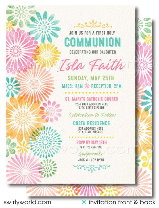  Discover our digital downloadable First Holy Communion invitation and thank you card set, perfect for your special celebration. This vintage Spring-themed design features elegant watercolor flowers and whimsical typography, ready for personalization. Ideal for any sacred occasion, easily customize the wording for Baptisms or Confirmations. Download, edit, and print right from the comfort of your home for a seamless and stylish way to invite your guests.